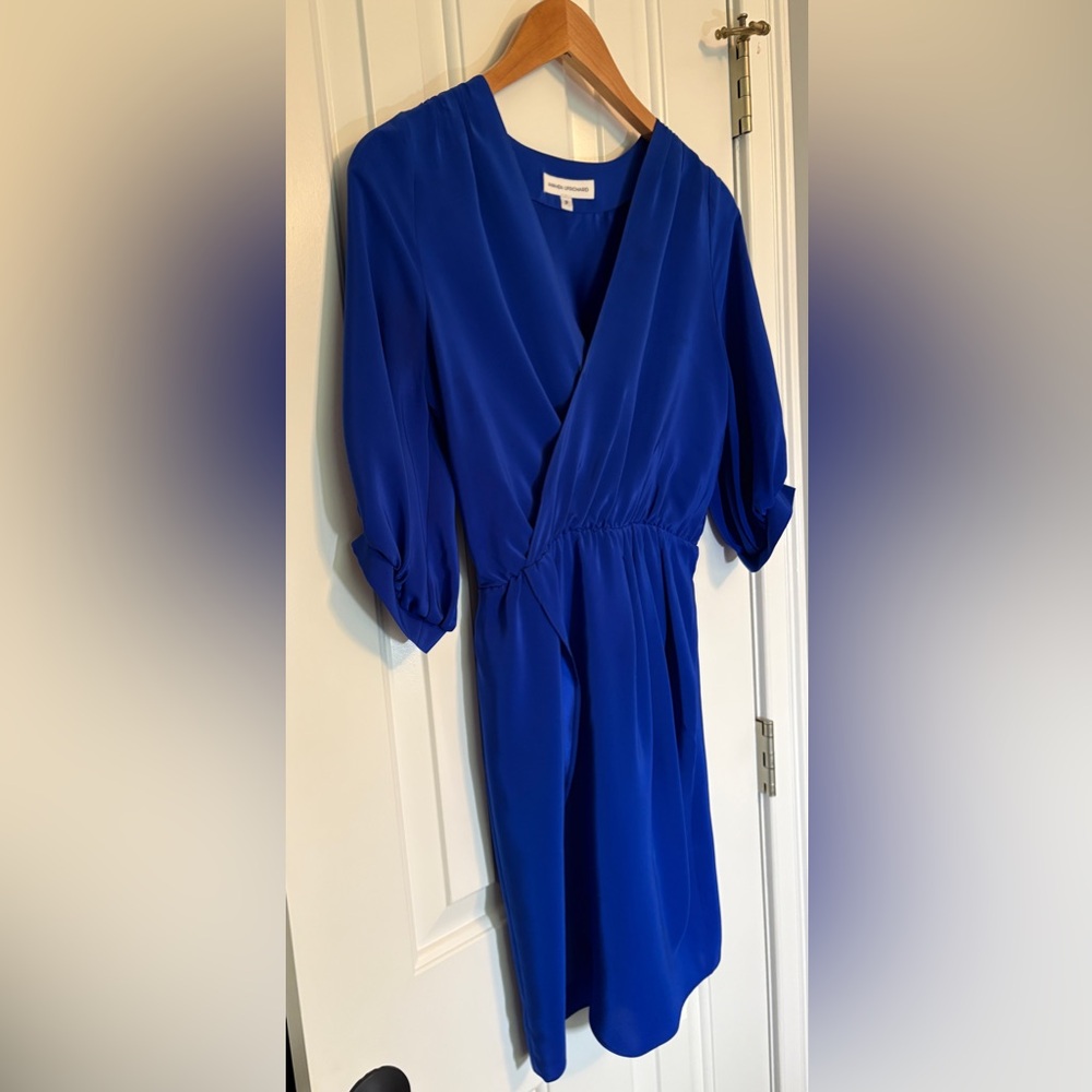 Amanda Uprichard Silk Royal Blue 3/4 Sleeve Faux Wrap Dress with Tie